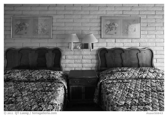 Beds in motel room, Cave Junction. Oregon, USA (black and white)