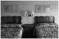 Beds in motel room, Cave Junction. Oregon, USA (black and white)