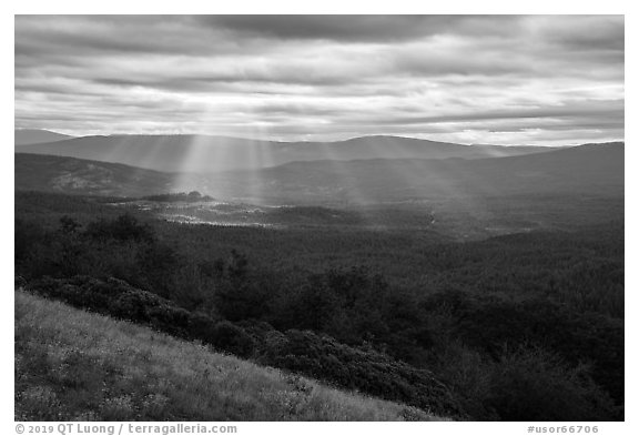 God's rays over Keene Creek Ridge. Cascade Siskiyou National Monument, Oregon, USA (black and white)