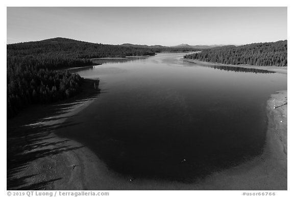 Aerial view of Hyatt Lake blue waters. Cascade Siskiyou National Monument, Oregon, USA (black and white)