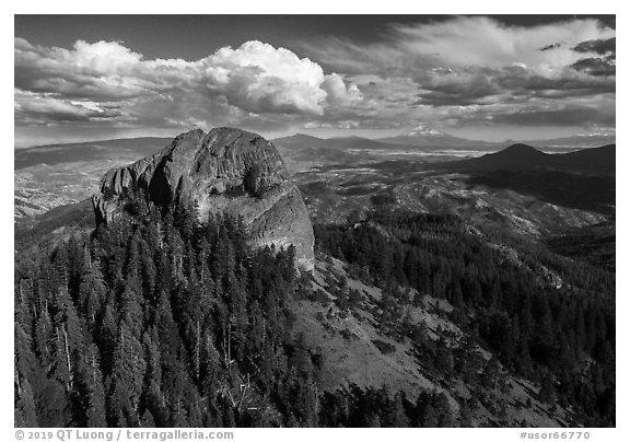 Aerial view of Pilot Rock, Soda Mountain Wilderness, and Mt Shasta. Cascade Siskiyou National Monument, Oregon, USA (black and white)
