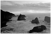 Seastacks and surf at sunset, Samuel Boardman State Park. Oregon, USA (black and white)