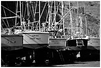 Boats on the deck in Port Orford. Oregon, USA (black and white)