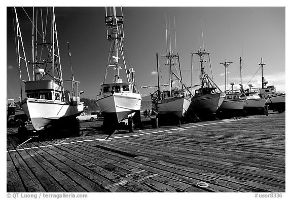 Boats on the dry deck of Port Orford. Oregon, USA