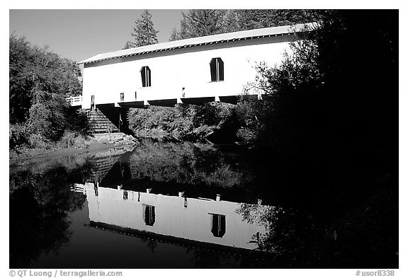 White covered Bridge reflected in river, Willamette Valley. Oregon, USA (black and white)