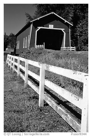 Fence and red covered bridge, Willamette Valley. Oregon, USA