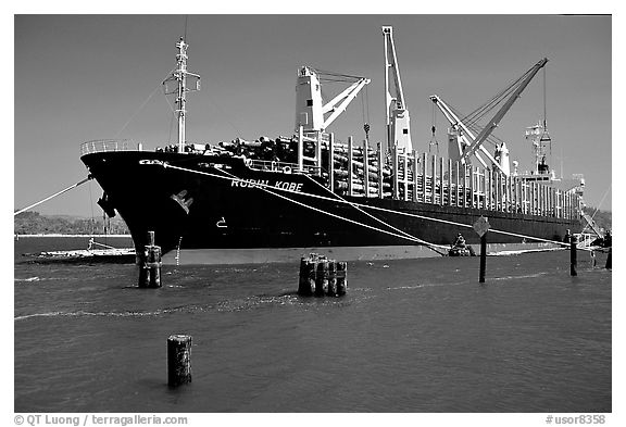 Cargo ship loading floated timber. Oregon, USA (black and white)