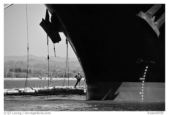 Cargo ship loading floated timber, Coos Bay. Oregon, USA