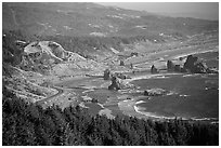 Coastline with highway and seastacks, Pistol River State Park. Oregon, USA (black and white)