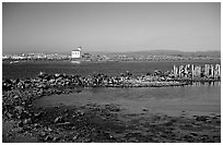 Coquille River estuary with lighthouse. Bandon, Oregon, USA ( black and white)