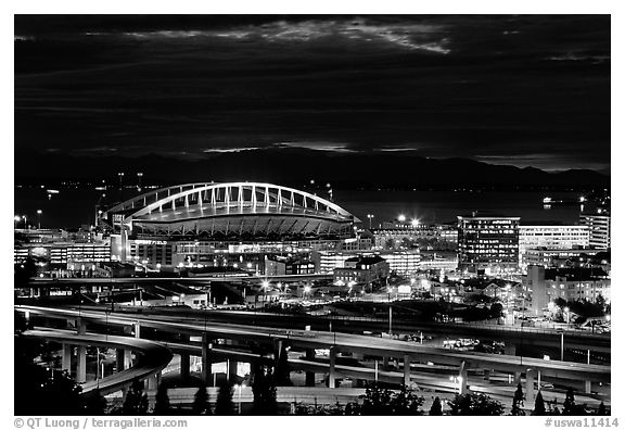 Qwest Field stadium and freeways at night. Seattle, Washington