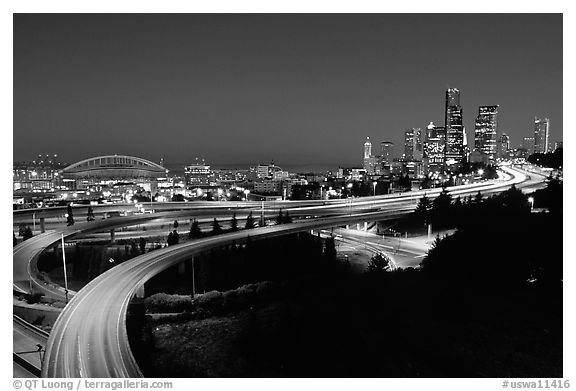 Seattle skyline, Qwest Field and freeways at dawn. Seattle, Washington (black and white)