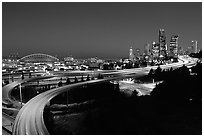 Seattle skyline, Qwest Field and freeways at dawn. Seattle, Washington ( black and white)
