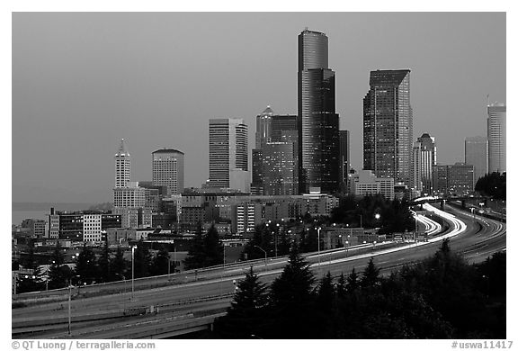 Seattle skyline and freeway at dawn. Seattle, Washington (black and white)