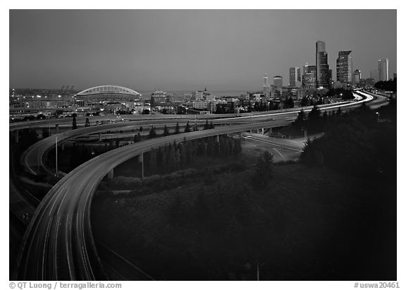 Freeway and skyline at dawn. USA (black and white)