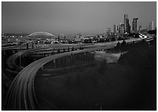 Freeway and skyline at dawn. Seattle, Washington (black and white)