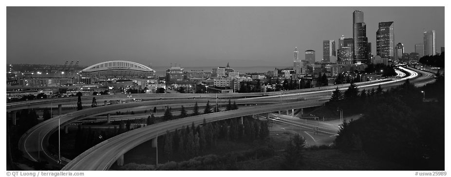 Seattle cityscape with highways at dawn. Seattle, Washington (black and white)