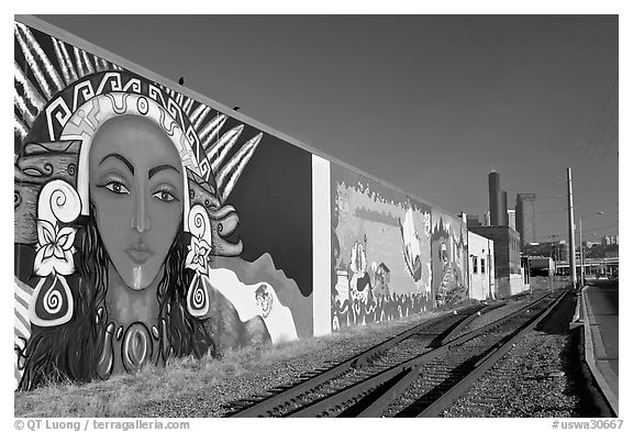 Mural and railroad tracks. Seattle, Washington (black and white)