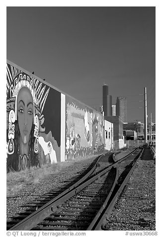 Railroad, mural, and high-rise towers. Seattle, Washington