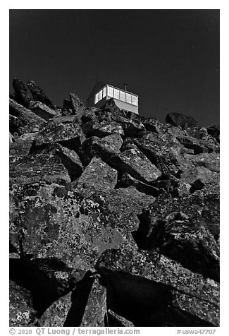 Lookout on top of Hidden Lake Peak by moonlight. Washington (black and white)