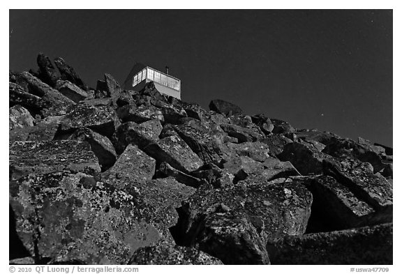 Hidden Lake Lookout on mountain top at night. Washington (black and white)