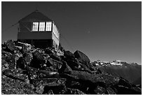 Lookout at night and mountain range, Mount Baker Glacier Snoqualmie National Forest. Washington (black and white)