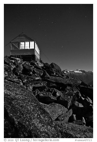 Moonlit fire lookout, Hidden Peak, Mount Baker Glacier Snoqualmie National Forest. Washington (black and white)