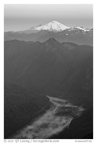 Dawn over fog-filled valley and Mt Baker, Mount Baker Glacier Snoqualmxie National Forest. Washington (black and white)