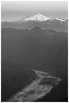 Dawn over fog-filled valley and Mt Baker, Mount Baker Glacier Snoqualmxie National Forest. Washington (black and white)