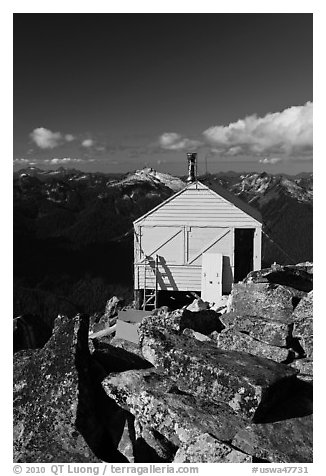 Fire lookout on top of mountain, Hidden Lake Peak. Washington (black and white)