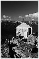 Fire lookout on top of mountain, Hidden Lake Peak. Washington ( black and white)