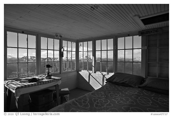 Inside Hidden Lake Lookout. Washington (black and white)