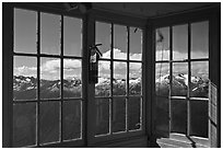 Mountains seen through windows of Hidden Lake Lookout. Washington (black and white)