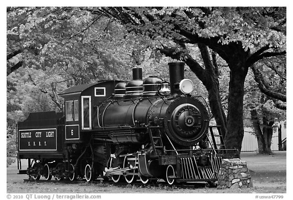 Seattle City Light locomotive, Newhalem. Washington (black and white)