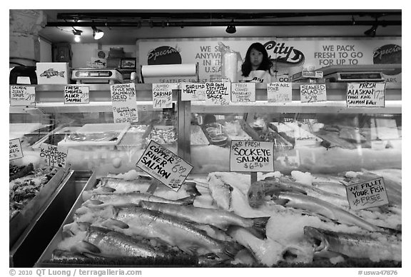 Fresh fish for sale, Pike Place Market. Seattle, Washington (black and white)