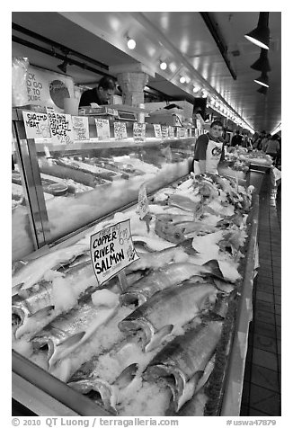 Fishmonger stall in Main Arcade. Seattle, Washington (black and white)