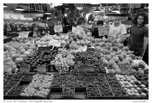 Fruit stall, Main Arcade, Pike Place Market. Seattle, Washington (black and white)