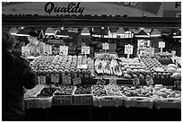 Fruit and vegetable stall, Pike Place Market. Seattle, Washington (black and white)