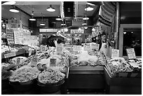 Seafood vending, Pike Place Market. Seattle, Washington (black and white)