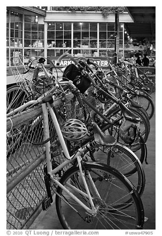 Bicycles parked outside  Pike Place Market. Seattle, Washington (black and white)