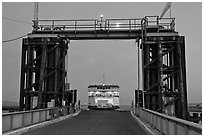 Ferry approaching through gate, Coupeville. Olympic Peninsula, Washington (black and white)