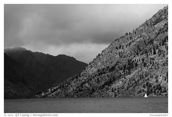 Sailboat, approaching storm, Lake Chelan. Washington (black and white)