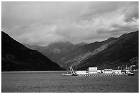 Barge and mountains, Lake Chelan. Washington ( black and white)