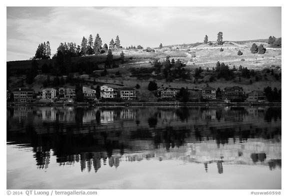 Houses reflected in Lake Chelan. Washington (black and white)
