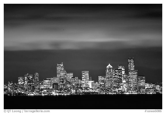 Seattle skyline at light from Puget Sound. Seattle, Washington (black and white)