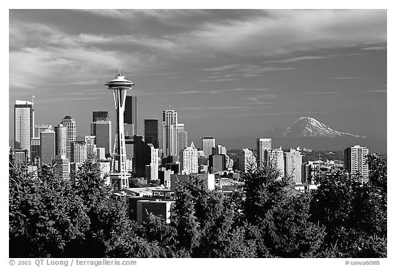 Seattle skyline with the Needle and Mt Rainier, afternoon. Seattle, Washington