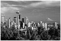 Seattle skyline with the Needle and Mt Rainier, afternoon. Seattle, Washington ( black and white)