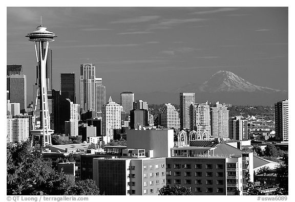 Seattle skyline with the Needle and Mt Rainier, afternoon. Seattle, Washington (black and white)