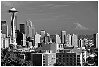 Seattle skyline with the Needle and Mt Rainier, afternoon. Seattle, Washington (black and white)