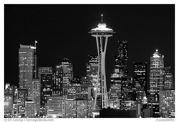 Seattle skyline at night with the Needle. Seattle, Washington (black and white)